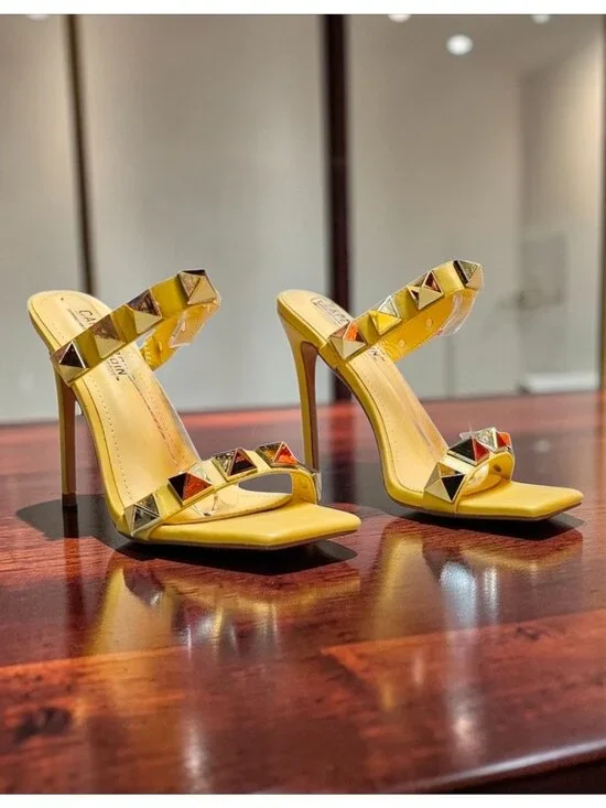Yellow Studded High Heel Sandals With Straps & Square Toe Design For Women - Picture 15 of 15